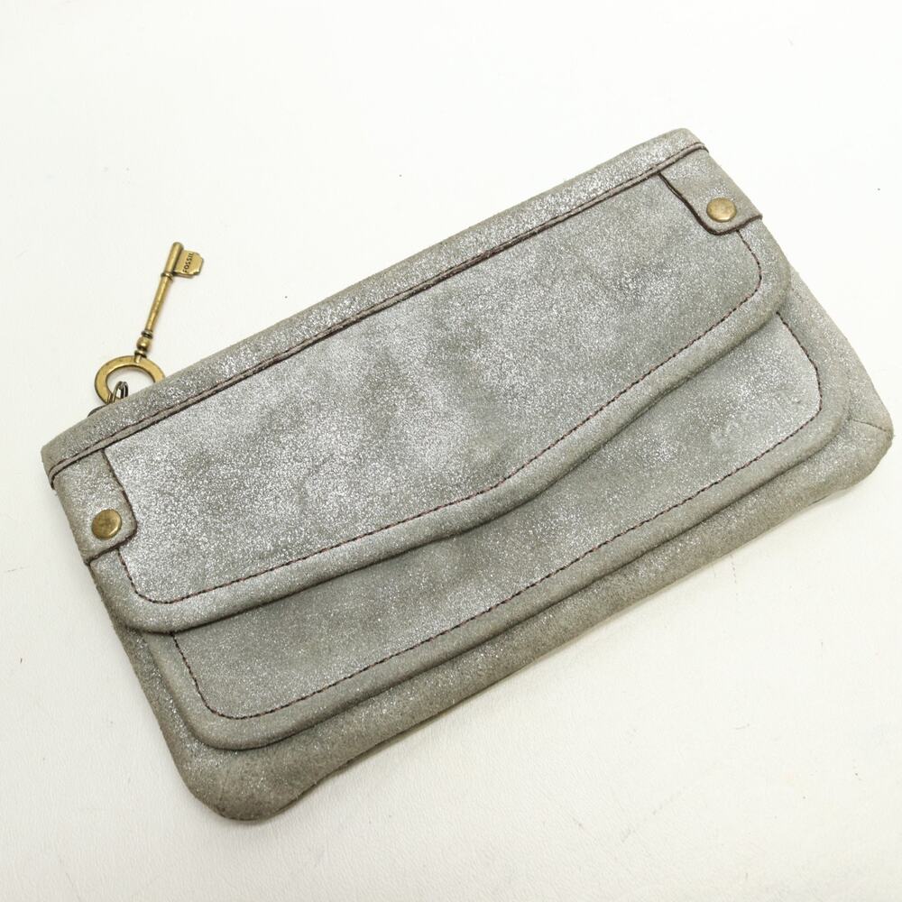 Vtg Fossil Nubbuck Leather Clutch Wallet Gray Silver Shimmer Sparkle Key Logo
